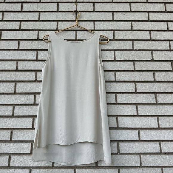 Eileen Fisher Silk Georgette Crepe Ballet Neck Long Tank Hi Low Hem Bone Ivory - Picture 2 of 9